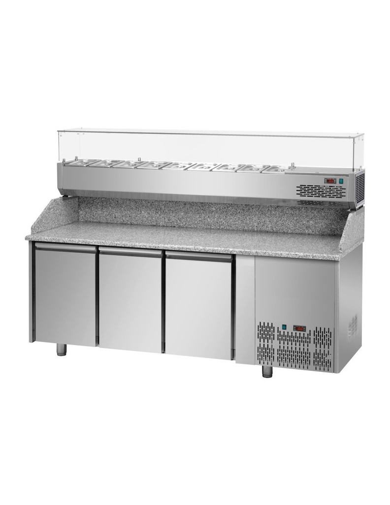 Chladiaci stôl na pizzu 3-sektorový  s vitrínou na ingrediencie