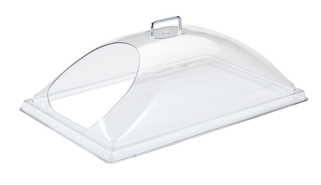 Kopulovitá pokrievka na tácku s postranným samoobslužným výrezom na kratšej strane, PC, 55,6 x 37,5 cm, výška 20,3 cm