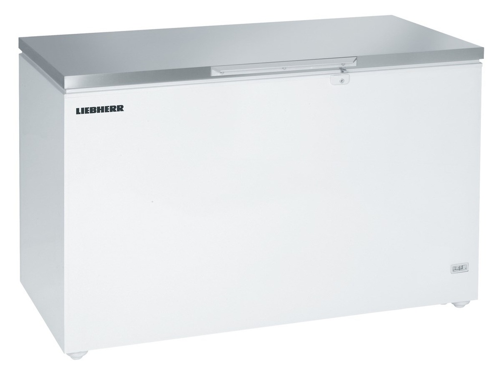 Truhlicová mraznička so statickým chladením, 404 l, biela, nerezový zdvíhací kryt