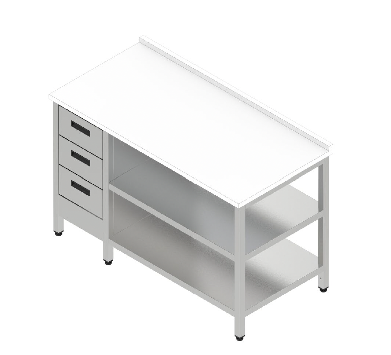 Pracovný stôl s plastovou pracovnou doskou, 3 zásuvkami a 2 policami