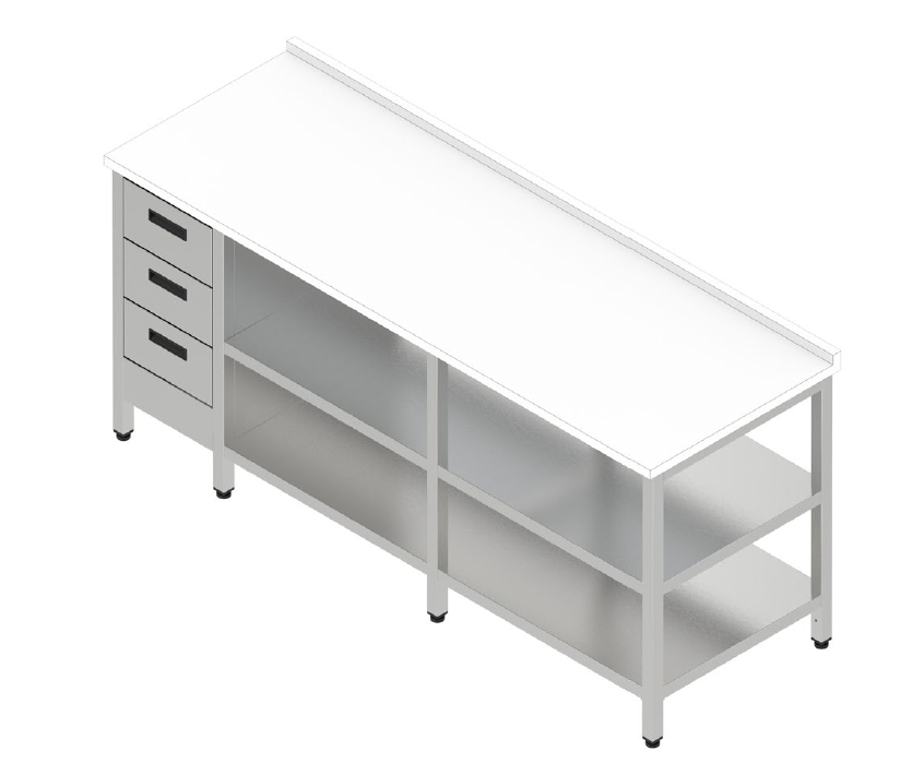 Pracovný stôl veľký s plastovou doskou, 3 zásuvkami a 2 policami