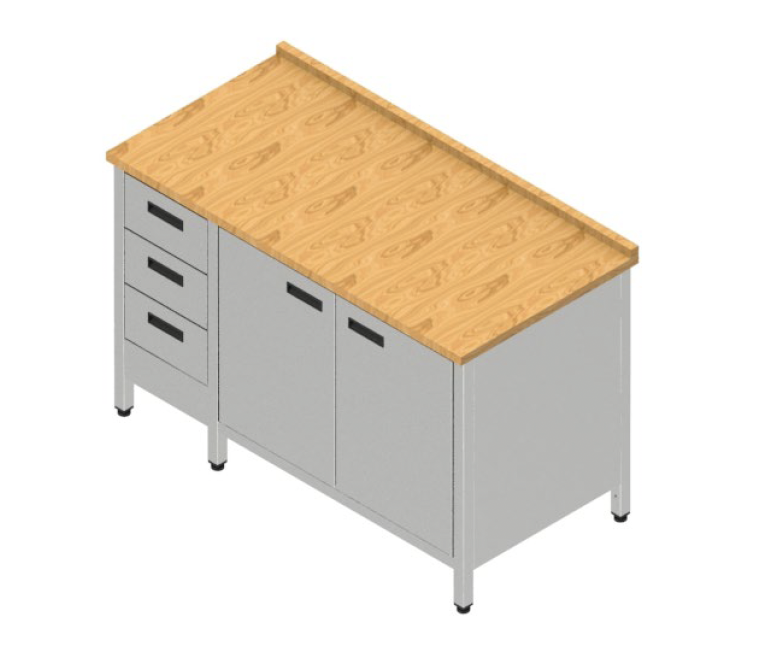 Pracovná skriňa s krídlovými dverami, zásuvkami a bukovou doskou