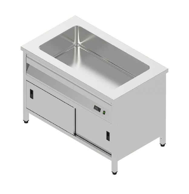 Výdajný ohrevný pult s lisovanou vaňou a posuvnými dverami